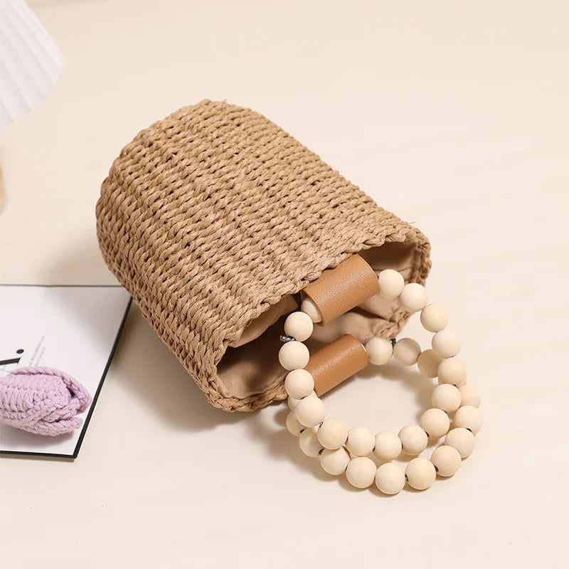 Fashion Wooden Beading Women Handbags Paper Woven Hand Bags Casual Summer Beach Bucket Bag Bali Small Tote Female Purses 2024