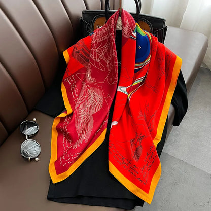 Twill Silk Scarf Women 90cm Square Hijab Shawls And Wraps Female Foulard Headkerchief Elegant Floral Summer Autumn Lady Bandana