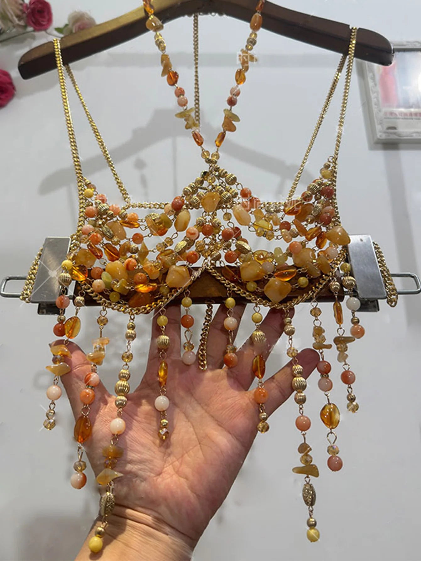 2025 New Women's Necklace Beaded Vest Hollow Out Top Jewelry Exaggerated Pearls Neck Bra Fashion Bra Women's Club Carnival