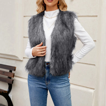 Women Faux Fur Vest Coat Sleeveless Open Front Gilet Outerwear for Fall Winter Casual Street