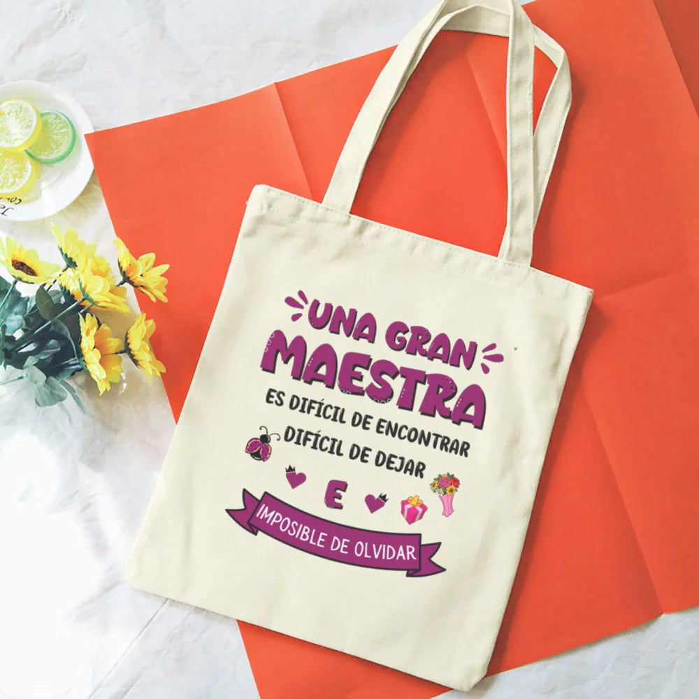 Spanish Printed Women Tote Bag Canvas Shopping Bags Female Travel Shoulder Bag Casual Handbag Graduation Thanks Gift for Teacher