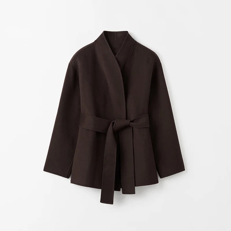 Fashion Casual Brown Coat Cardigan Simple Loose V-Neck Long Sleeve With Belt Jackets 2025 Autumn Winter Lady New Solid Outerwear