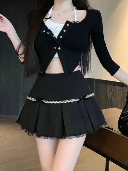 Women Black Gothic A-line Pleated Skirt Vintage Y2k Mini Skirt Harajuku Korean Elegant Lace Emo Skirts 2000s Clothes Summer 2024