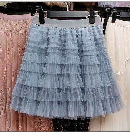 New In 2025 Summer Tulle A-Line Cake Skirts Women Elastic High Waist Tutu Short Skirt Korean Fashion Sweet Tutu Streetwear Skirt