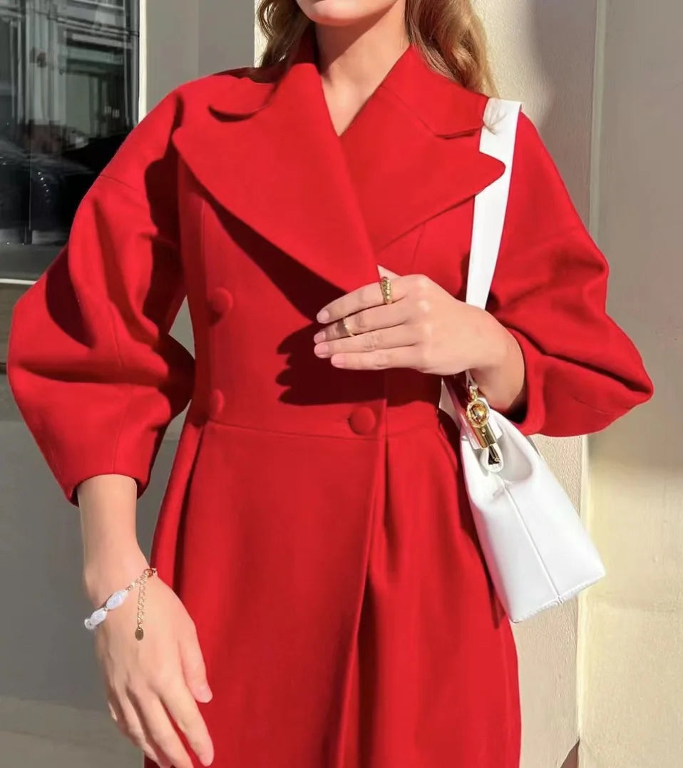 Elegant Solid Woolen Blend Overcoat Women Fashion Thick Lapel Double-Breasted Long Sleeve Jacket 2025 Spring Autumn Lady Outwear