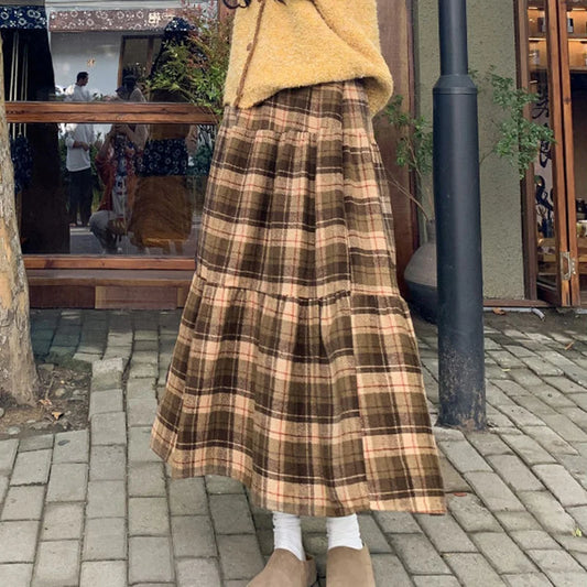2025 Autumn New Vintage Plaid Skirts Women Woolen Patchwork Pleated A-Line Skirt Korean Fashion Streetwear Long Skirts Woman