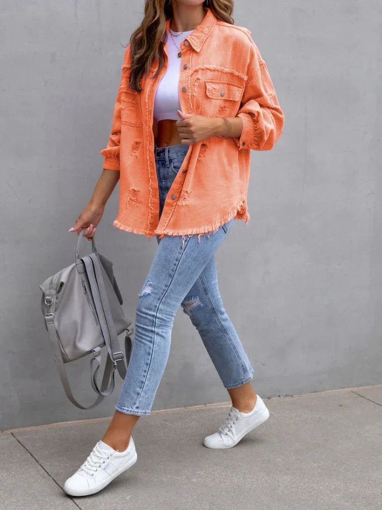 Spring Autumn Denim Women's Jacket Rough Selvedge Ripped Loose Fit Long Sleeve Korean Fashion Female Top