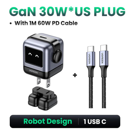 【US Plug】UGREEN 65W 30W GaN Charger Robot Design PD3.0 Fast Charger QC4.0 3.0 PPS for iPhone 17 16 15 Pro Macbook Laptop Table