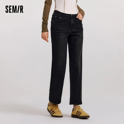 Semir Jeans Women Frayed Trousers 2024 Winter New Loose Straight Leg Pants Denim Trousers