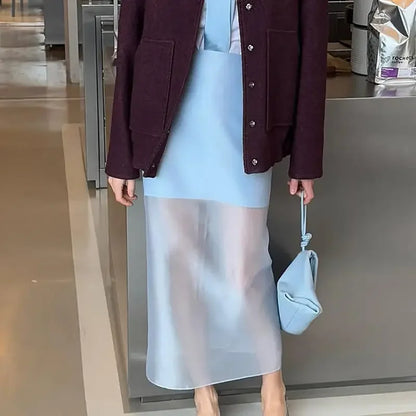 Women Seethrough High Waist Skirt Summer Casual Sexy Long Straight Skirt for Commuting Fashion Lady Splice Design