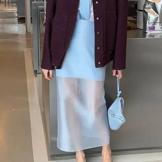 Women Seethrough High Waist Skirt Summer Casual Sexy Long Straight Skirt for Commuting Fashion Lady Splice Design