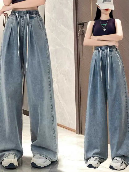 High Waist Straight Leg Dstring Elastic Waist Denim Jeans Women's Spring Autumn Slimming Drapey Lazy Sle Floor Length Pants