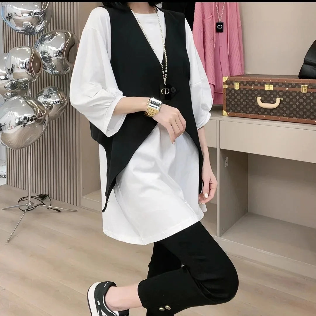 Black Vests Women Irregular V-neck Cool Single Button High Street Korean Fashion Chic Loose Pure Design Personality Retro Crop