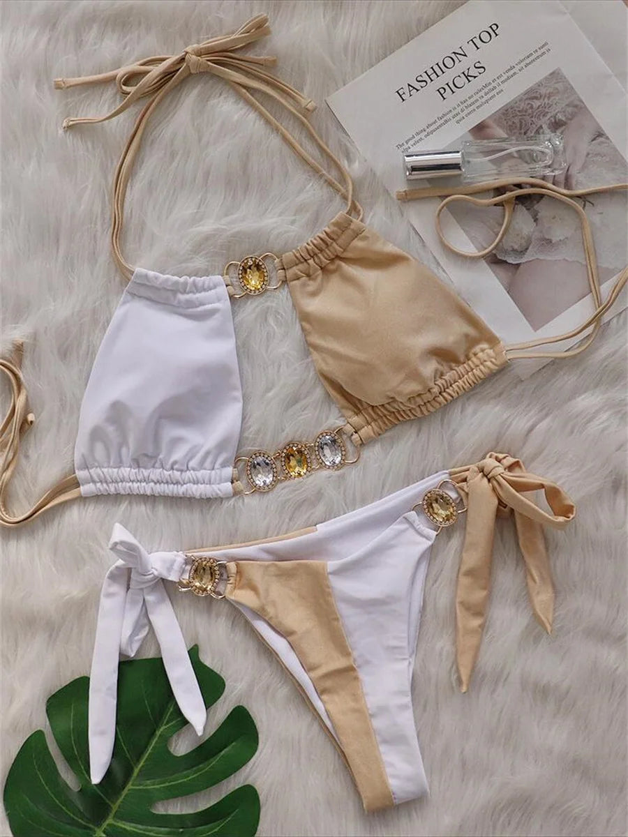 Luxury Rhinestones Splicing Bikini Set Women Halter Patchwork Cut Out Push Up Diamond Swimsuit 2024 Bathing Suit Thong Swimwear