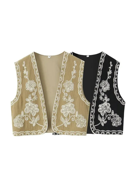 TELLHONEY Women Fashion V-Neck Embroidery Waistcoat Vest Tops Female Casual Vintage Sleeveless Outerwear Jacket