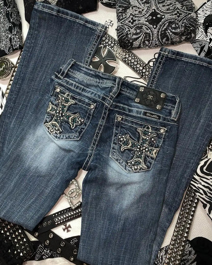 Y2k Retro Gothic High Waited Jeans Hot Diamond Embroidery Pattern Blue Jeans Woman Hip Micro Horn Baggy Jeans Street Clothing