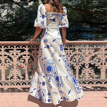 Fashion Splicing Pleated Print Women's Maxi Dress Summer Short-sleeve Square Neck Slim Party Women Holiday Oversized Dresses