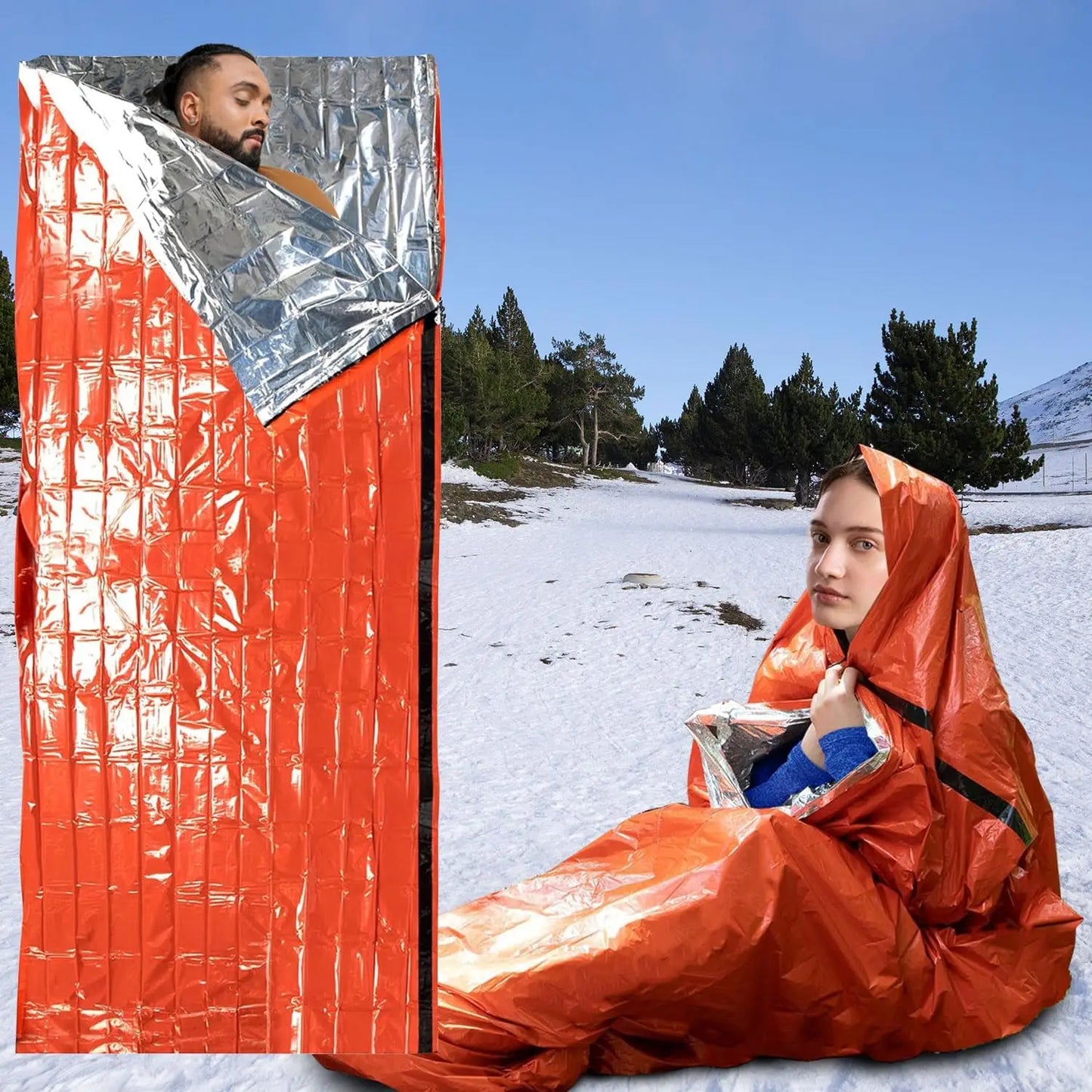 Insulated emergency sleeping bag, reusable & compact w/ whistle. PE material, drawstring. For outdoor & first aid.