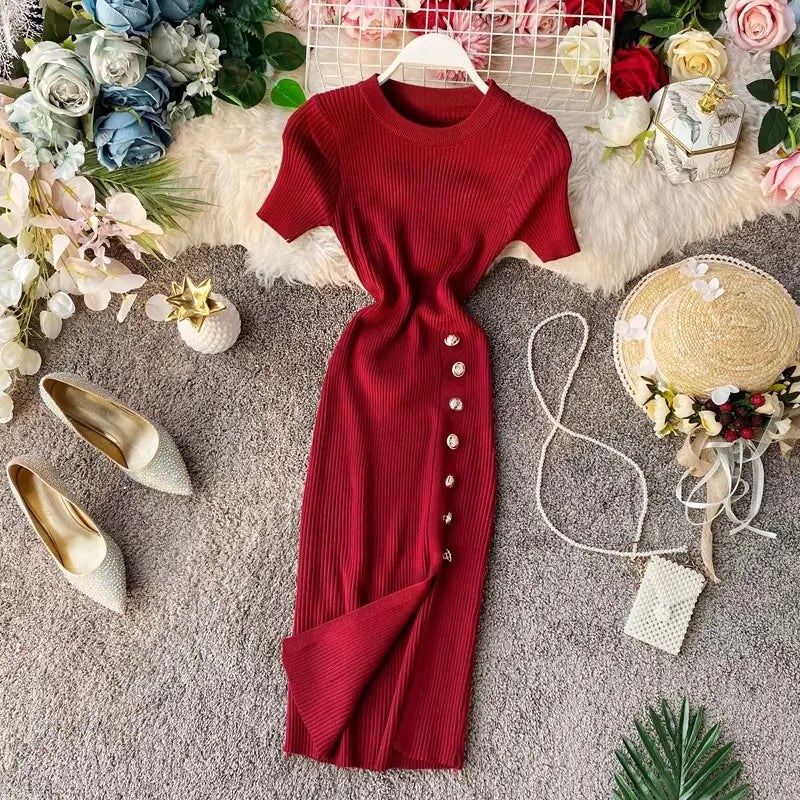 YuooMuoo  Women Dress European and American Fashion Short Sleeve Slimming Side Slit Knitted Mini Dress Streetwear Lady Outfits