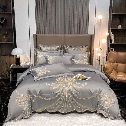 4/6Pcs White Gray Sateen Gold Embroidery Luxury Satin Cotton Bedding set Double Queen King Comforter Cover Bed Sheet Pillowcases