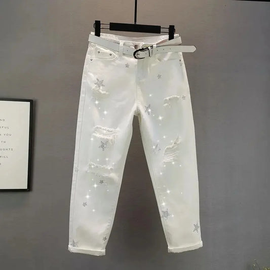 White Jeans Women's Spring Summer 2025 New Loose Star Studded Hot Stamping perforated Chimney Pants Female Casual Denim Trousers
