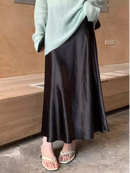Spring Women's Long Skirts High-waist Luxury Satin Fishtail Skirt Ladies Elegant Loose Solid Gray Black A-line Skirts for Women