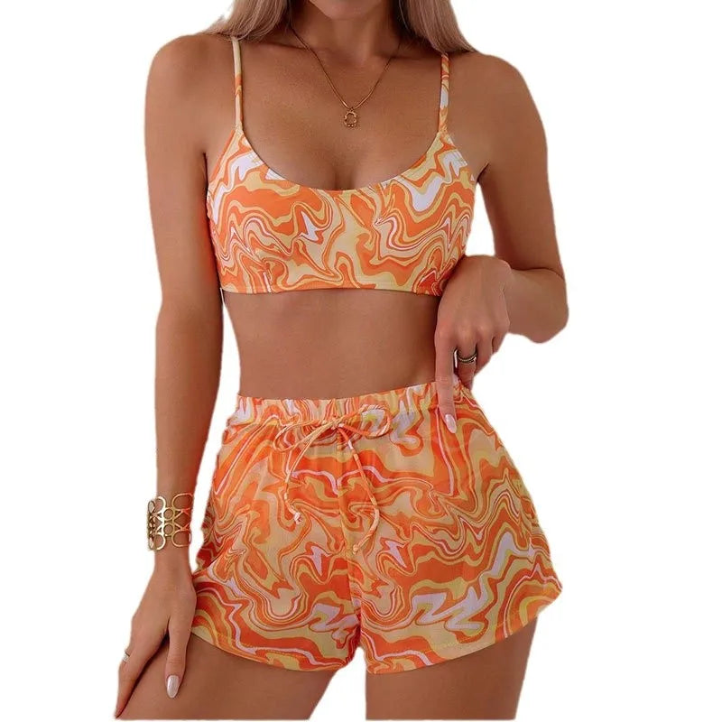 Cikini Women's Vacation Marble Print Casual Bikini Set, Three-Piece Bikini Set With Cover-Up Shorts, Random Print Summer Beach