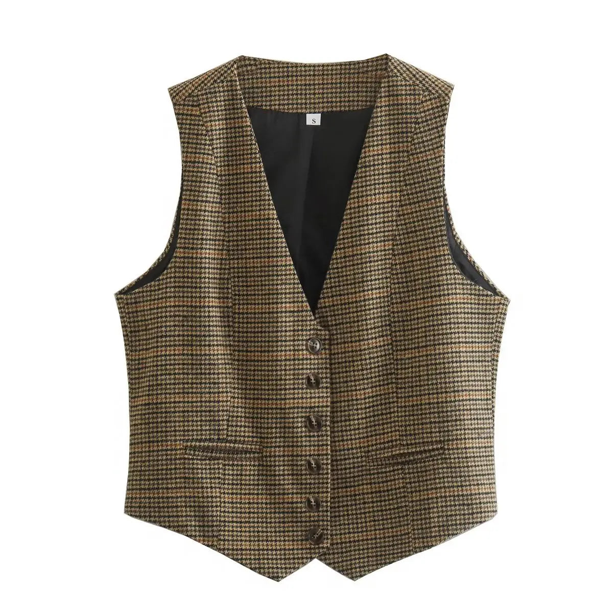 Zevity New Women Vintage V Neck Houndstooth Print Breasted Slim Short Vest Jacket Ladies Sleeveless Casual WaistCoat Tops CT3053