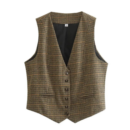 Zevity New Women Vintage V Neck Houndstooth Print Breasted Slim Short Vest Jacket Ladies Sleeveless Casual WaistCoat Tops CT3053