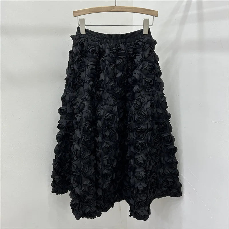 Chic 3D Floral Skirt for Women Temperament Jupe 2025 Faldas Mujer De Moda High Waist Loose Saia A-line Sweet Solid Color Skirts
