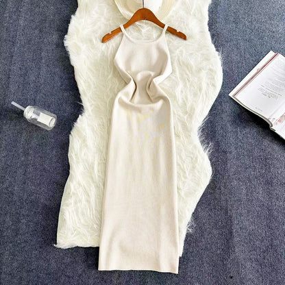 Sexy Summer Knit Strap Dress Women Halter Elatic Waist Bodycon Sundress Female Beach Solid Maxi Long Dress