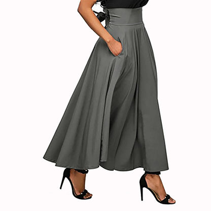 Mode Effen Kleur Grote Swing Vrouwen Rok Lange Rok Herfst Wilde Hoge Taille Strik Slanke Rokken