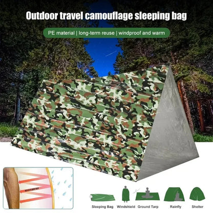 PE Emergency Sleeping Bag Camouflage Waterproof Portable Survival 120x200cm Sleeping Bag for Outdoor Camping Hiking Adventure