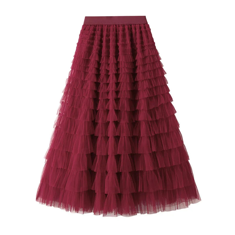 New Arrival 2025 Tulle Cake Long Skirt Women Spring Summer Ruffle Pleated A-Line Chic Skirt Ladies Sweet Black White Tutu Skirts