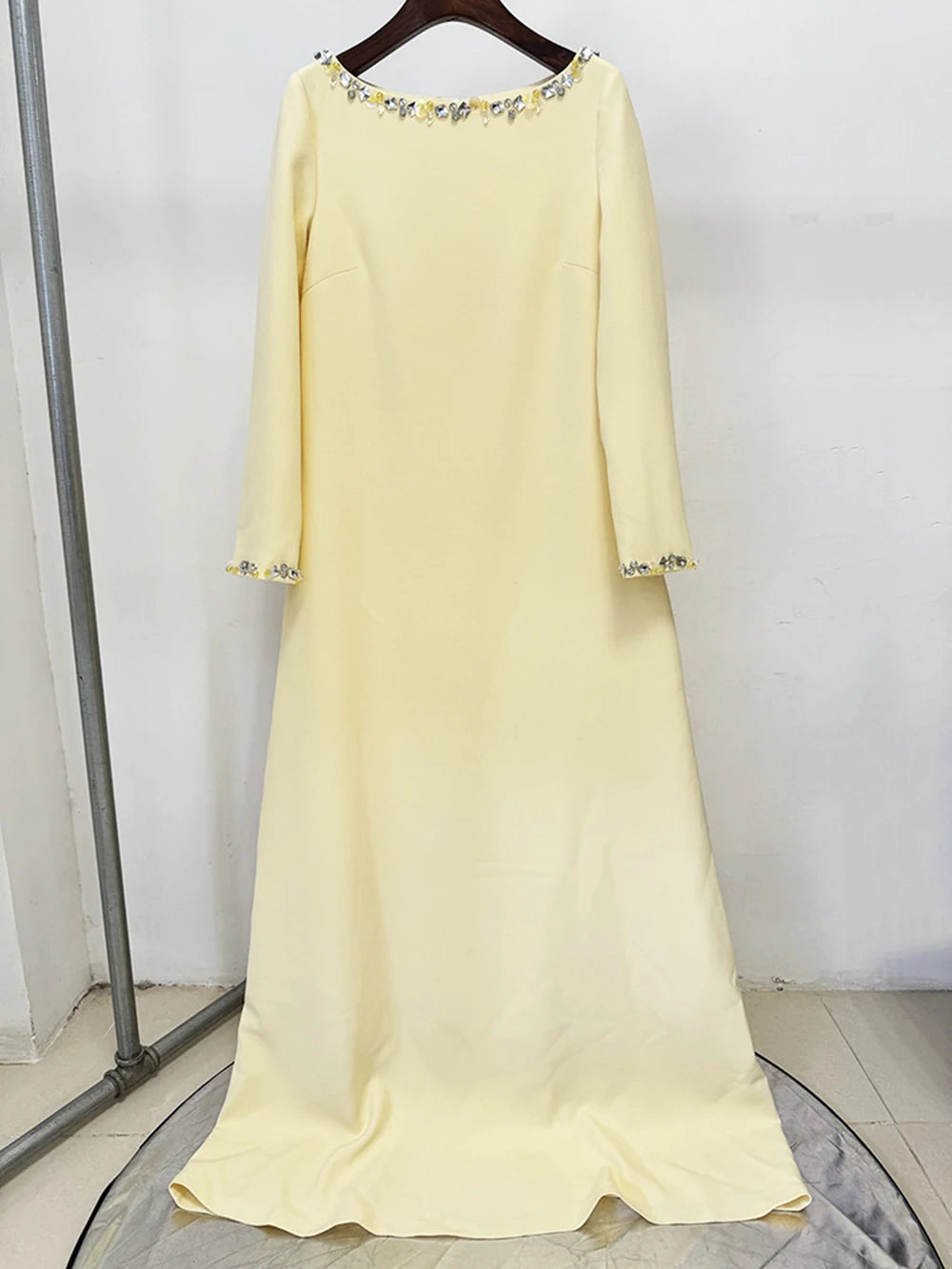 Modphy Loose Solid Crystal Bead Elegant Chic Dresses For Women Round Neck Long Sleeve Solid Long Maxi Dress Female