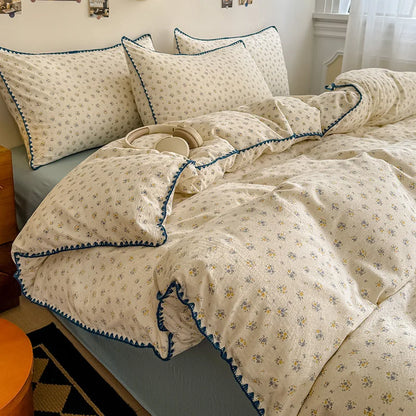 Skin-Friendly Double-Layer Yarn Bedding Set New Country Floral Soft Comforter Sets 100% Cotton Fitted Sheet Kit with Quilt Cover