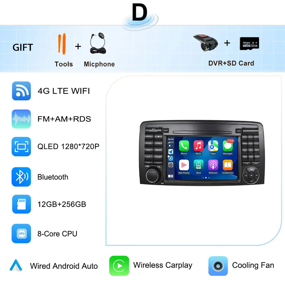 for Mercedes-Benz R-Class R300 R350 R400 2006-2014 GPS Navigation 7" 2.5D Touch Screen Android 16 Wireless CarPlay DSP Stereo