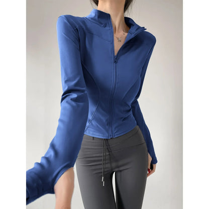 S-3XL Women's Fitness Jackets Yoga Coat with Zipper Slim Running Wear Stretch Gym Crop Top Lightweight Sports Outerwear Hoodless