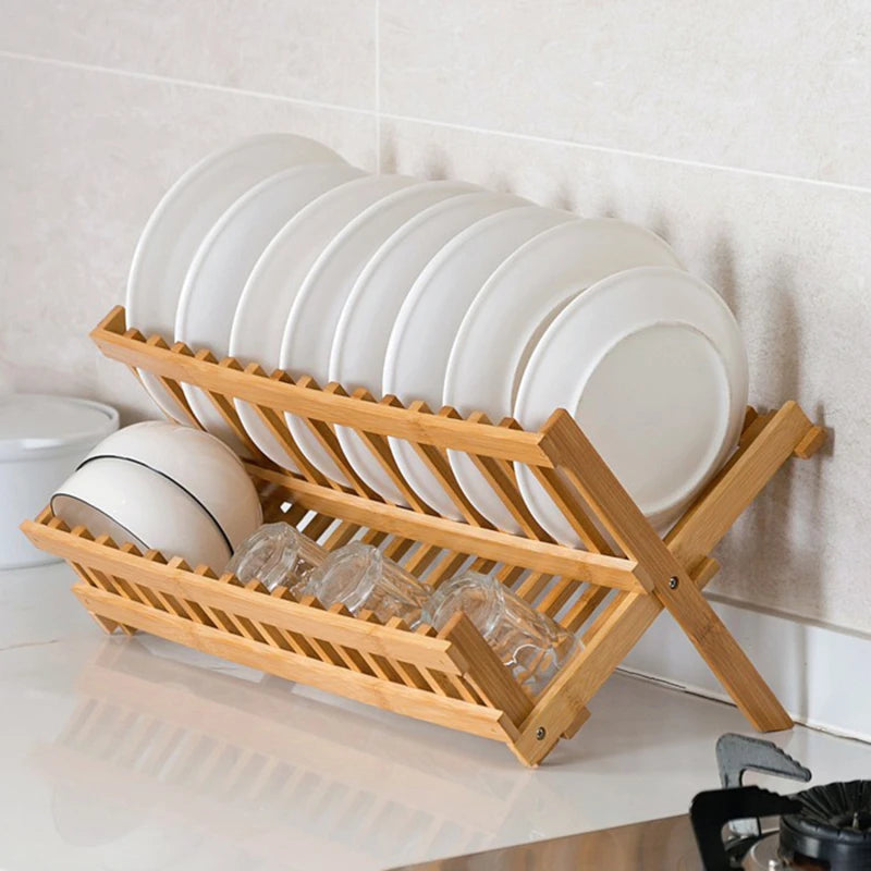 8/16 Grids Folding Bamboo Dish Rack Drying Rack Holder Utensil Drainer Plate Storage Holder Plate Wooden Flatware Dish Rack