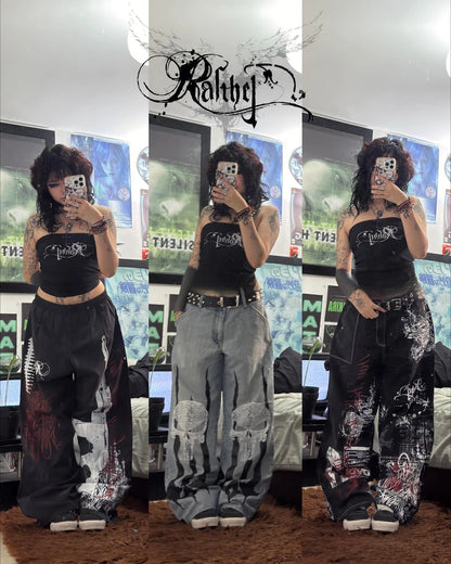 New Cyberpunk Jeans Mens American Y2K Red Graphic Street Goth Baggy Wide-Leg Pants Harajuku Hip-Hop Straight Pants