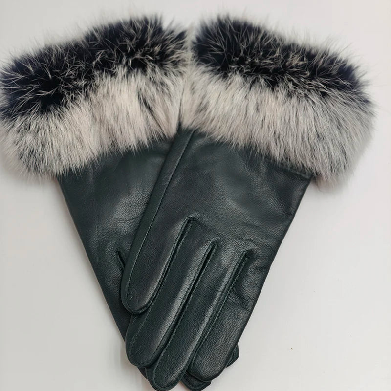 2025 Women Winter Warm Genuine Sheep Leather Glove With Real Fur Trimming Female Warm Real Leather Fur High Quality Mittens