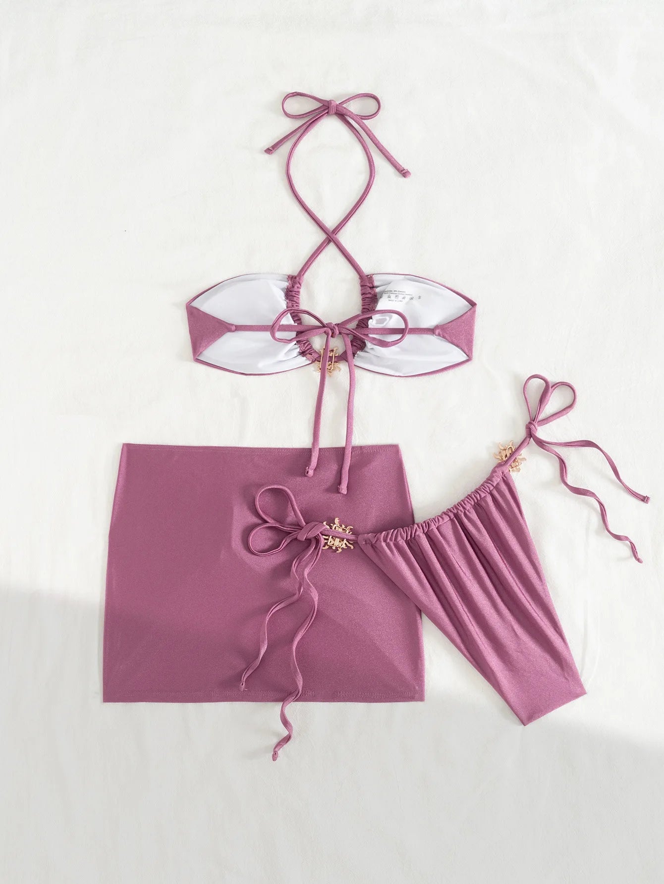 Sexy Metal Sun Ornament Bikini Women Purple Pleate Cross Push Up Mesh Skirt 3 Piece Swimsuit 2025 Beach Bathing Suit Swimwear