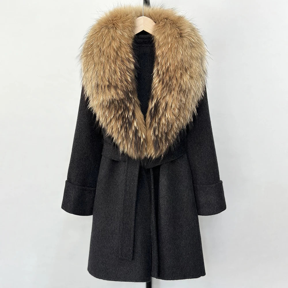 GENHUA 2025 New Winter Cashmere Wool Blends Women Natural Fox Fur Collar Cuffs Slim Fit Suit Double Sided Woolen Trench Coat