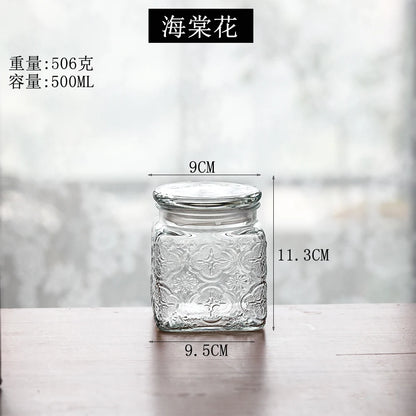 Retro Transparent Glass Sealed Jar Glass Lid Storage Jar Begonia Flower Glass Bottle Candy Storage Jar Kitchen Storage Supplies