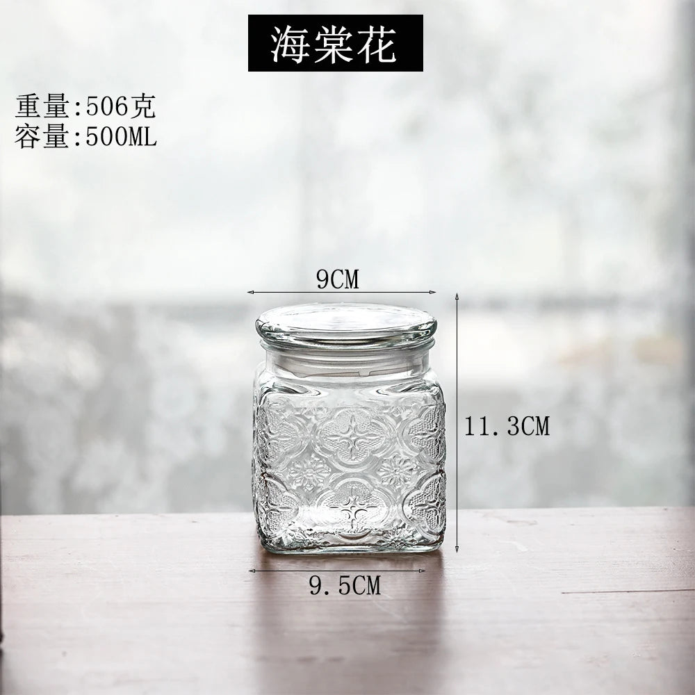 Retro Transparent Glass Sealed Jar Glass Lid Storage Jar Begonia Flower Glass Bottle Candy Storage Jar Kitchen Storage Supplies