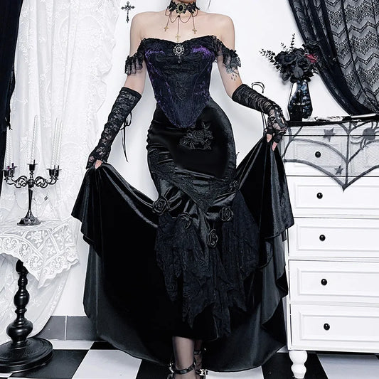 Mall Goth Velvet Fishtail Skirt Women Vintage Jacquard Hip Wrap Fairy Grunge Skirt Victorian Ladies Steampunk Long Skirt