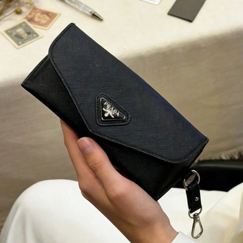 Prada Black Leather Eyeglass Case Luxury Triangle Metal Logo Eyewear Storage Pouch With Detachable Keychain Soft Glasses Protect