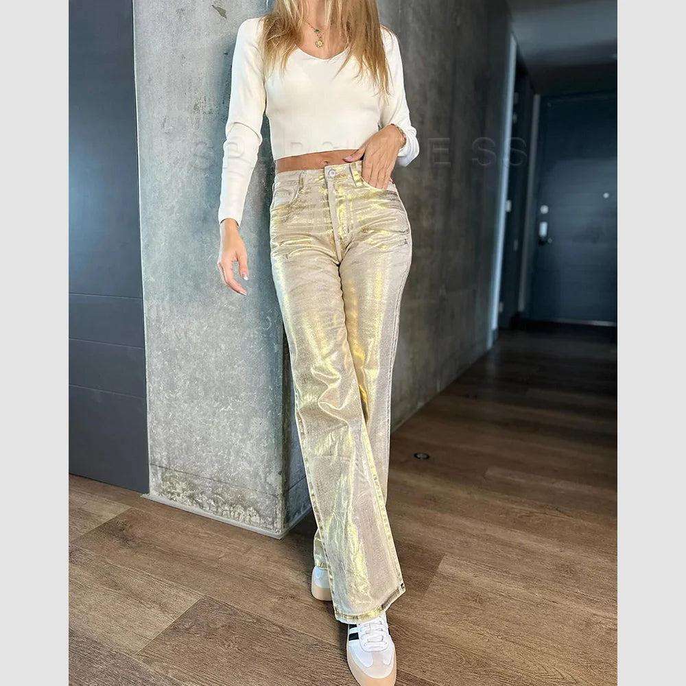Metallic Y2K Advanced Sense Coating Casual Wide-leg Jeans Female Straight Jeans Loose Hip-hop Streetwear Oversize Denim Trousers