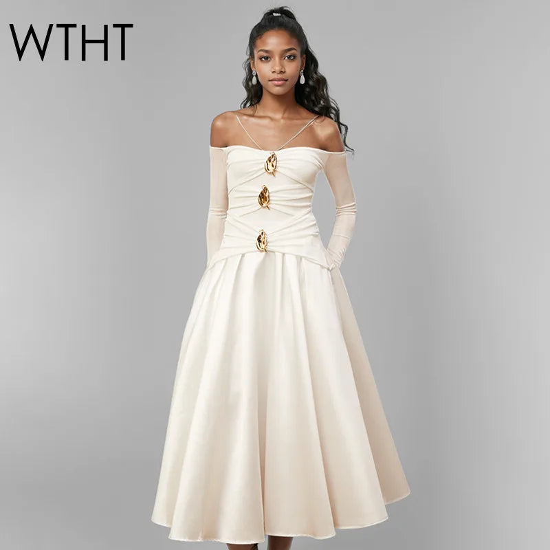 WTHT New Fashion Women Metal Buckle Design Sling Long Sleeves Dress 2025 Spring Off-shoulder A-line Party Dresses Female 1LS953