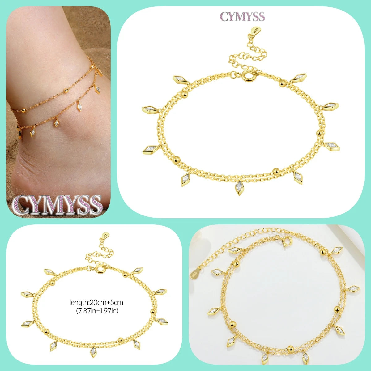 Original Anklets for Women 925 Sterling Silver Exquisite 2 Layer Zircon Chain Anklet Gold Color Ideal Summer Beach Jewelry Gift